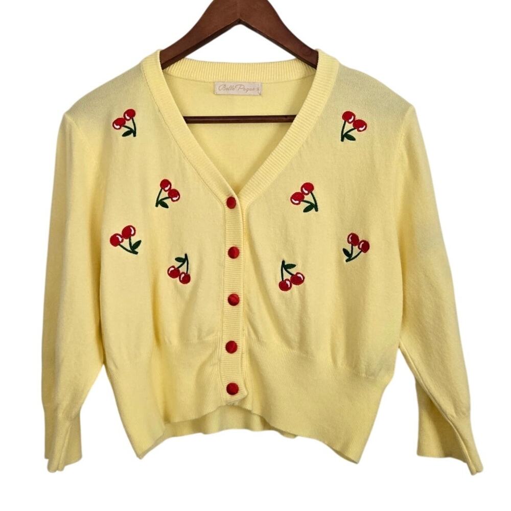 Rockabilly 50s Pinup Cropped Soft Yellow Red Cherry Cardigans Kawaii Chic SizeXL